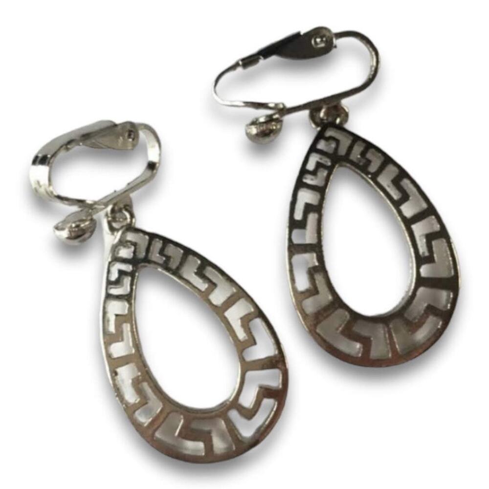 Silver tone Greek Key design clip-on earrings